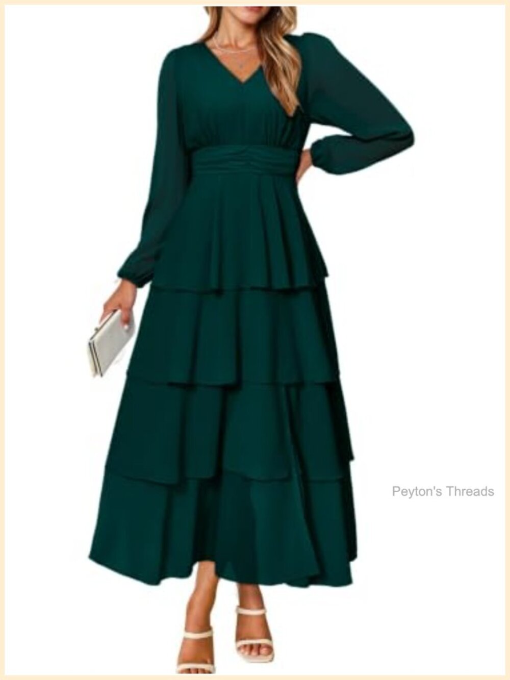 Flowy Maxi Dress Chiffon Long Sleeve V Neck Ruffle Tiered Boho Wedding Guest